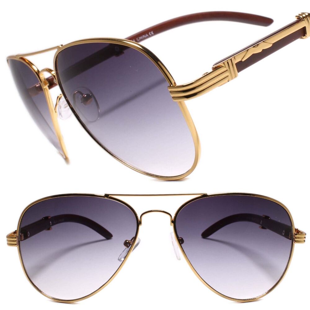 Mens Classy Elegant Slick Retro Style Sunglasses Large Gold & Faux Wood Frame